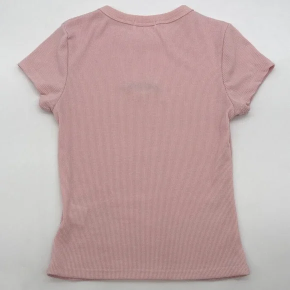 Riley James Ribbed T-Shirt Pretty Please Pink Bow Embroidered Top Short Sleeve S - Picture 6 of 6